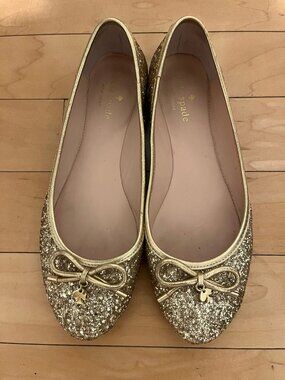 Kate Spade Willa Gold Glitter Ballet Flat Shoes with Spade Charm Size 8.5